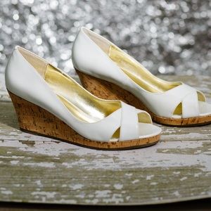Colin Stuart white peep toe cork wedge shoe
